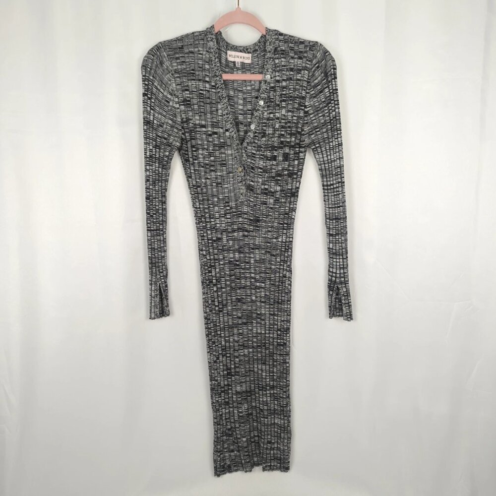 Willow & Wind Black White Ribbed Knit Henley Bodycon Dress Long Sleeve Size M